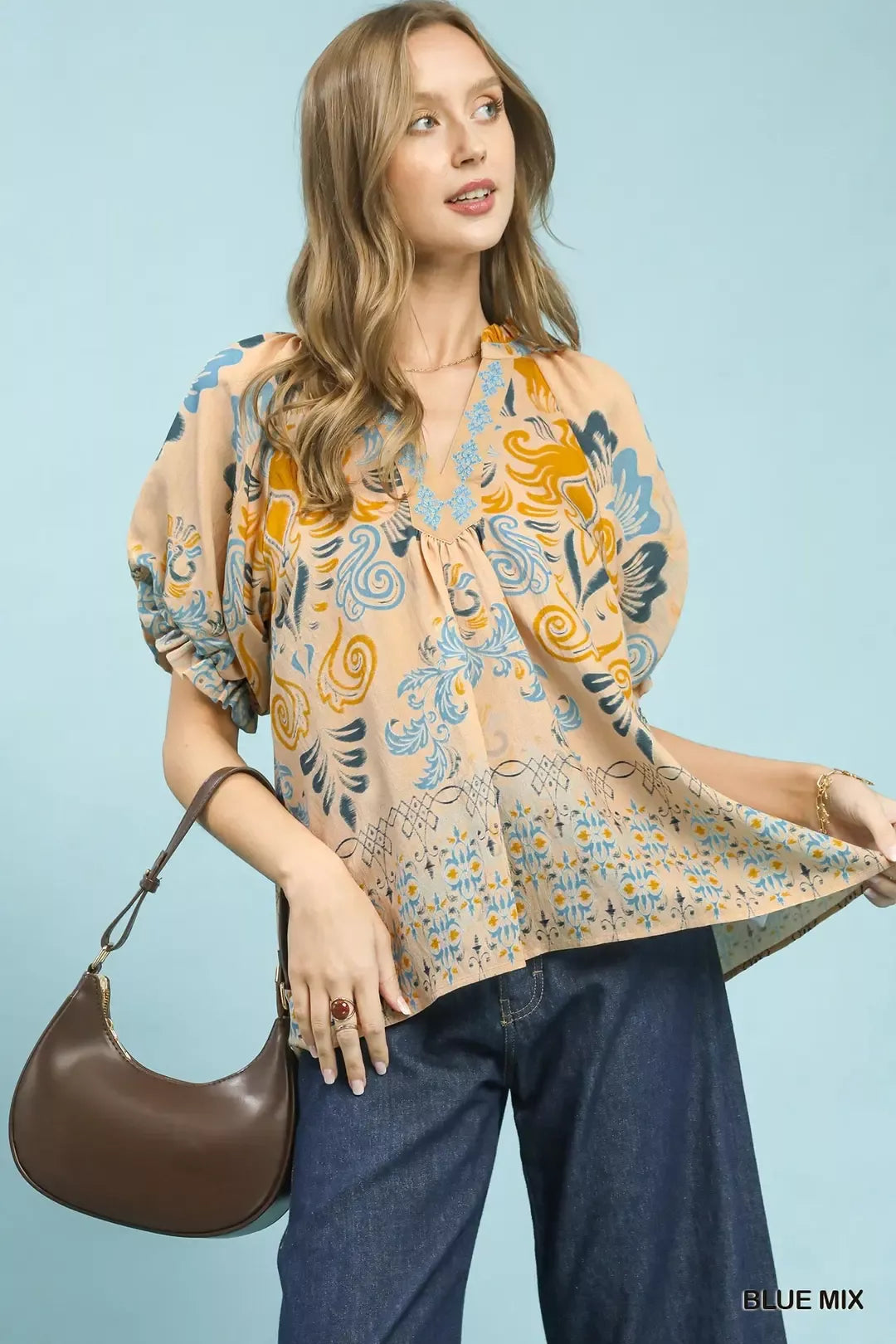 umgee border print Umgee Border Print Puff Sleeve V-neck Blouse BLUE MIX (top) - shop at us.meeeshop