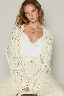 POL Cable-Knit Openwork V-Neck Button Up Cardigan in Ivory