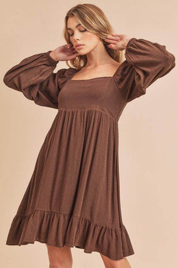 Aemi + Co Ruffled Hem Square Neck Balloon Sleeve Mini Dress in Dark Brown