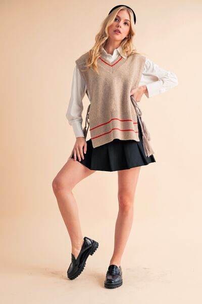 Aemi + Co Ribbed V-Neck Sweater Vest with Tassel - us.meeeshop