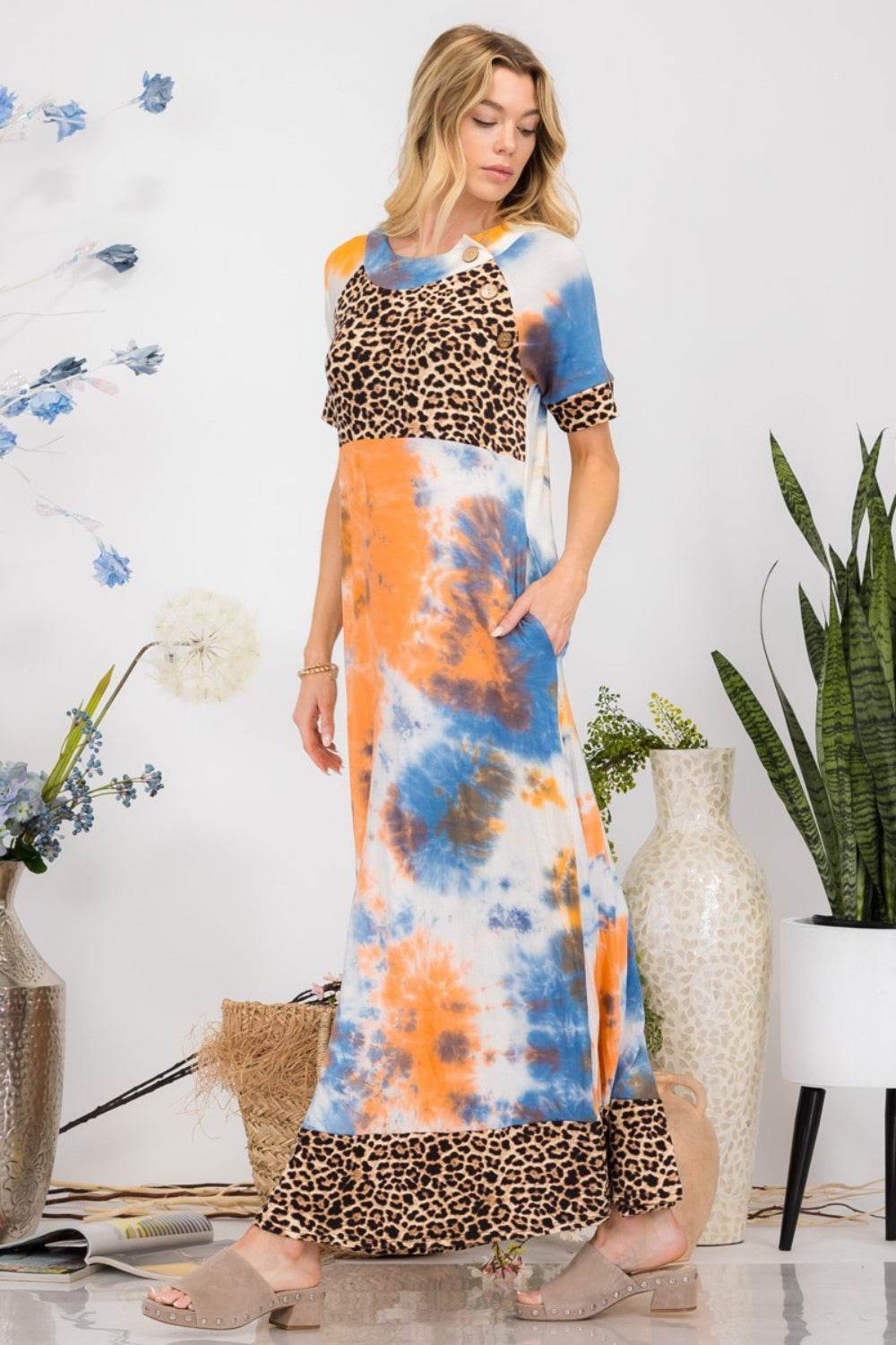 Celeste | Leopard Tie-Dye Button Detail Short Sleeve Maxi Dress Plus Size - us.meeeshop