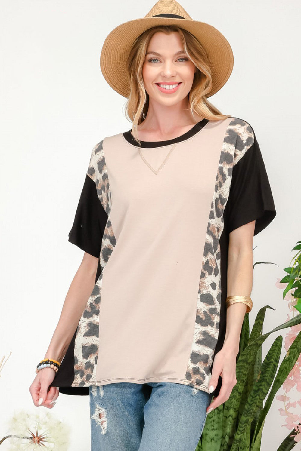 Celeste Full Size Leopard Color Block T-Shirt | us.meeeshop