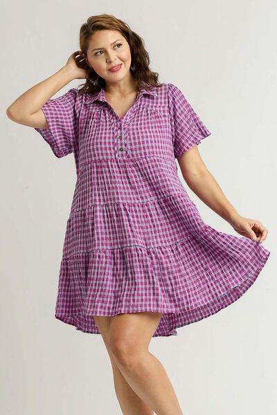 Umgee Gingham Tiered Button Detail Short Sleeve Dress Plus Size - us.meeeshop