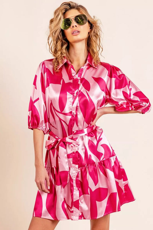 bibi leaf pattern Bibi Leaf Pattern Collared Satin Dress Fuchsia Multi (dress) - shop at us.meeeshop