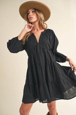 Aemi + Co Notched Balloon Sleeve Tiered Mini Dress