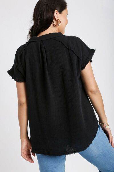 Umgee Frayed Hem Collared Neck Short Sleeve Shirt Plus Size - us.meeeshop