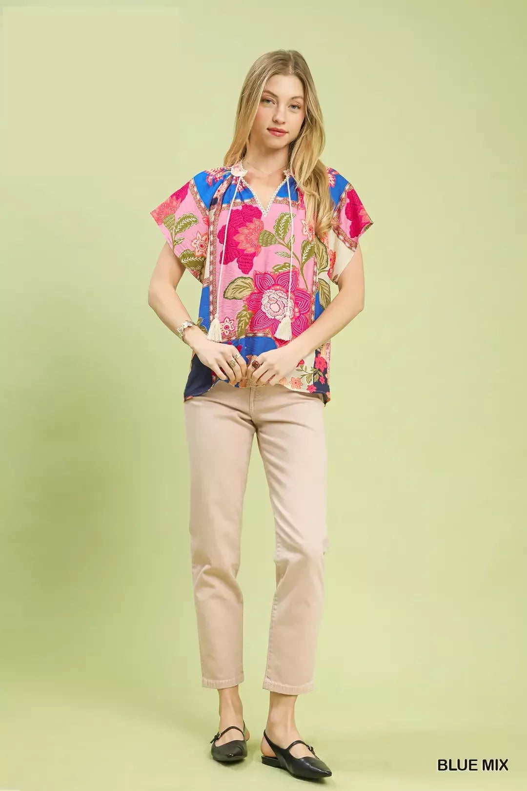 umgee mix floral Umgee Mix Floral Patchwork Tassel Tie Top view 4 (top) - shop at us.meeeshop