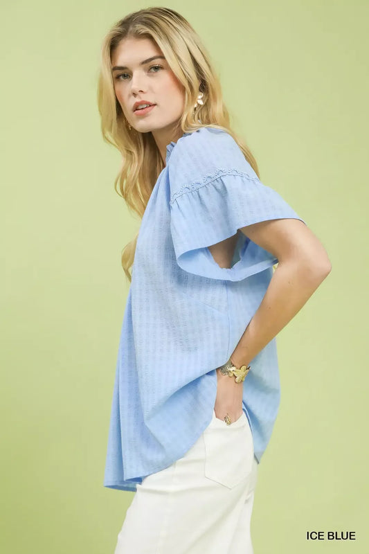Umgee Gingham Puff Sleeve Top with Lace Trim (women's shirts & tops) view 2 - shop at us.meeeshop