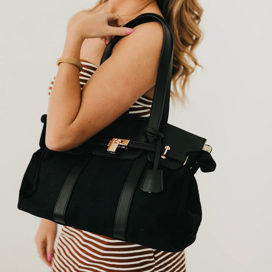 Cadence Canvas and Vegan Leather Tote in Black - Cadence Canvas Bag