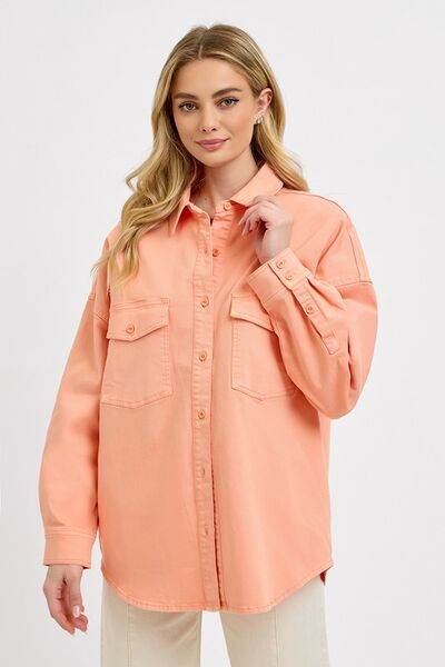 RISEN Button Down Long Sleeve Denim Shacket with Chest Pockets Plus Size - us.meeeshop