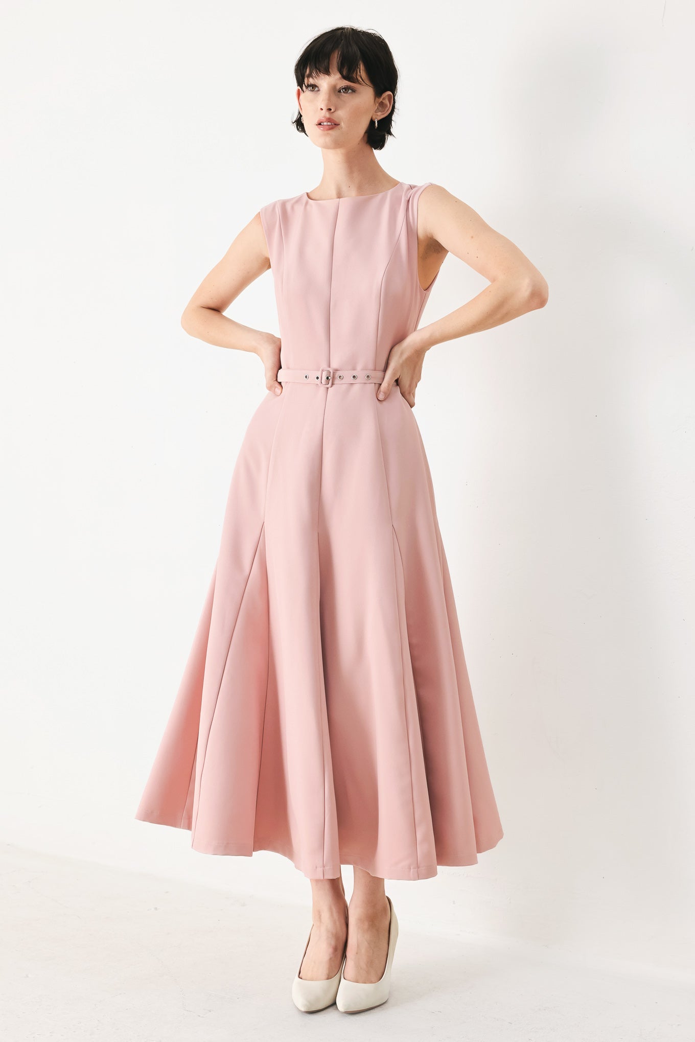 Calm Afterglow Blush Woven Midi Dress in BLUSH