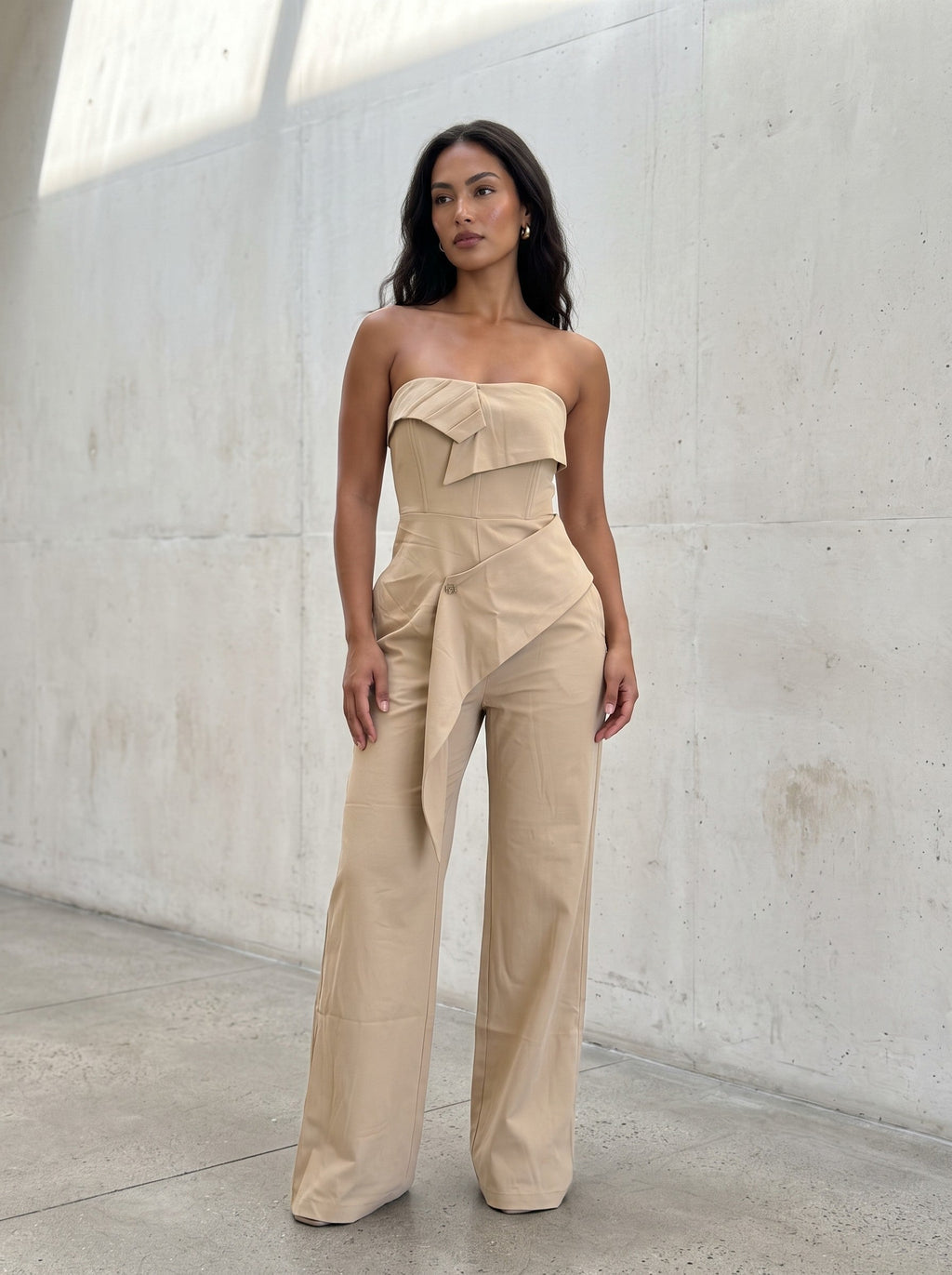 Camel Strapless Tailored Wide-leg Jumpsuit Medium view 2 (one-piece) - leg jumpsuit, wide leg jumpsuit - shop at us.meeeshop