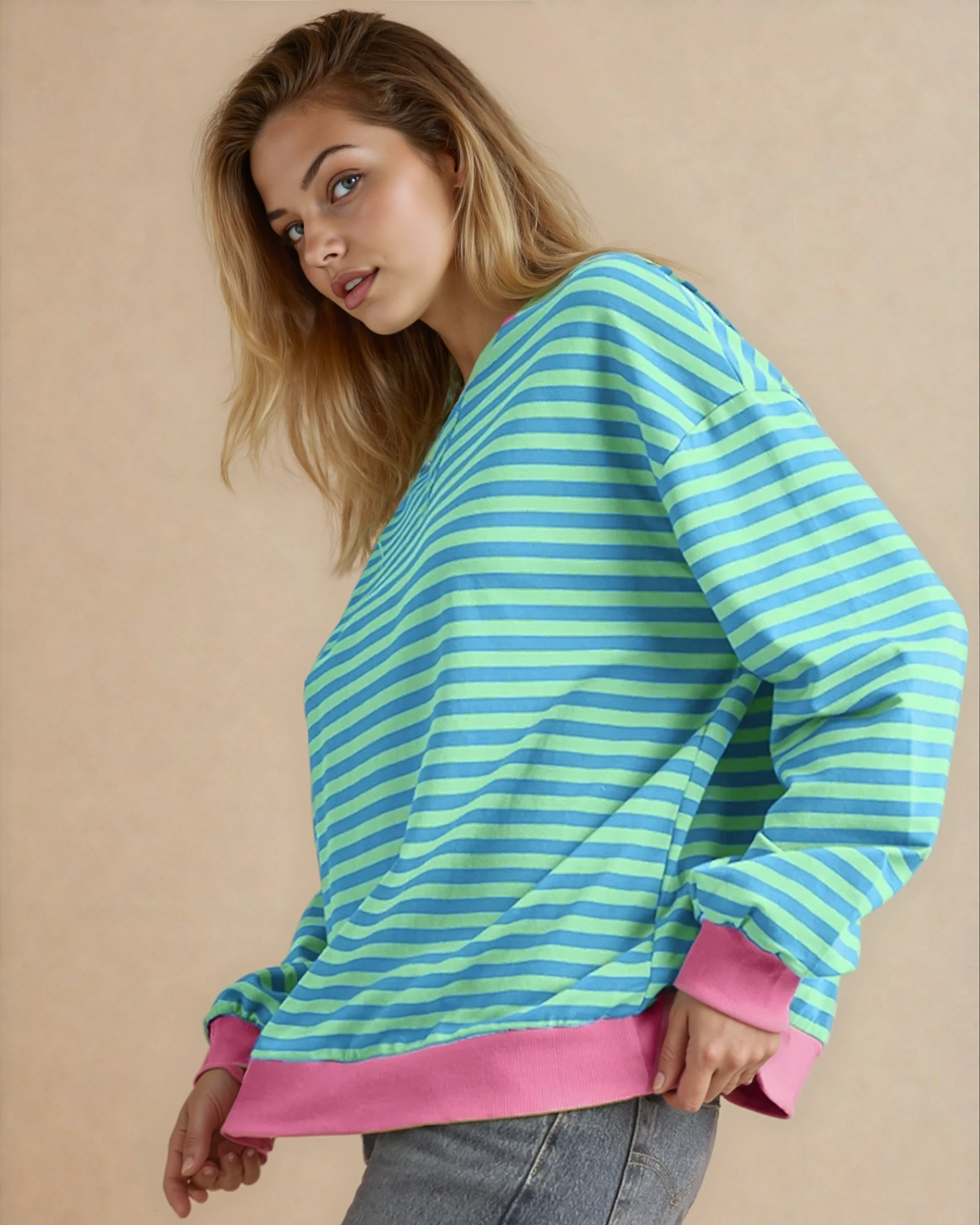 Cameron Oversized Pullover - Blue in Sky Blue Stripe view 2 - Relaxed Fit - Blue Pullover (top)