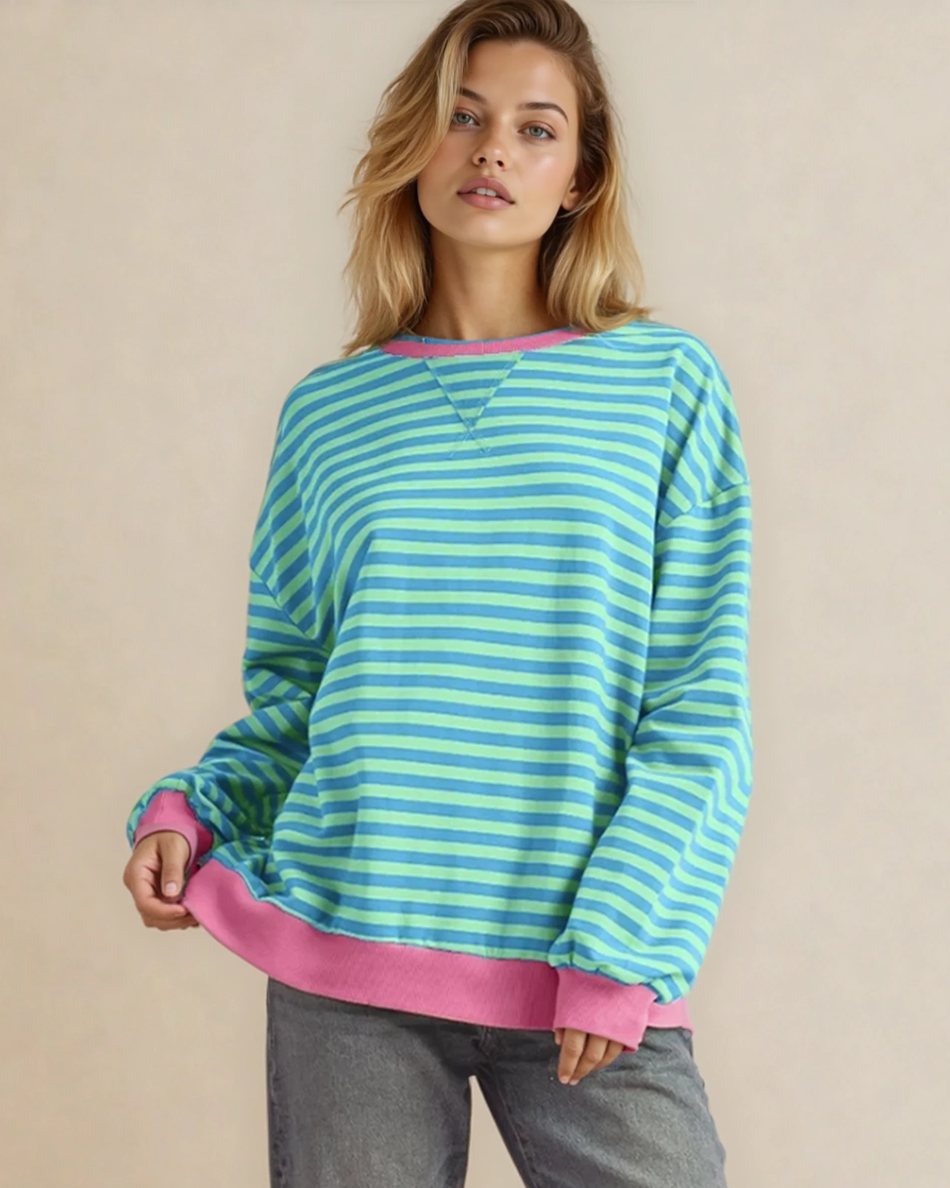 Cameron Oversized Pullover - Blue in Sky Blue Stripe view 3 - Relaxed Fit - Blue Pullover (top)