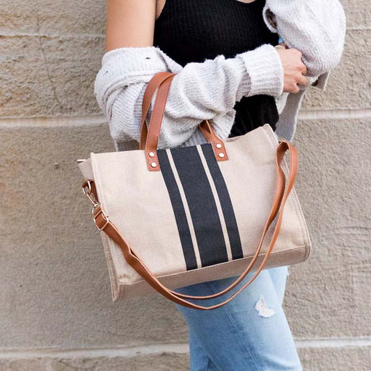 Canvas Stripe Tote in Black - Canvas Stripe Tote Bag