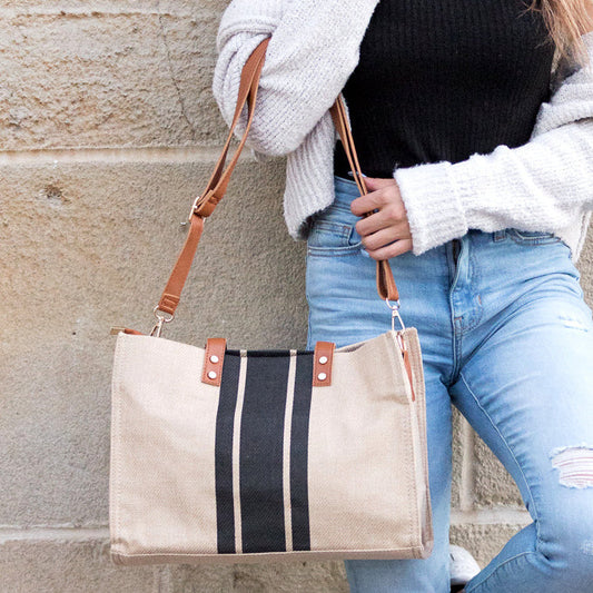 Canvas Stripe Tote in Navy view 2 - Canvas Stripe Tote Bag
