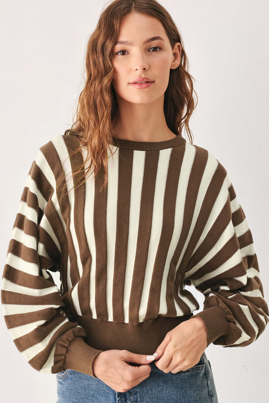 Cappuccino Vertical Stripe Knit Top in BROWN/IVORY - Fall Wardrobe Essential