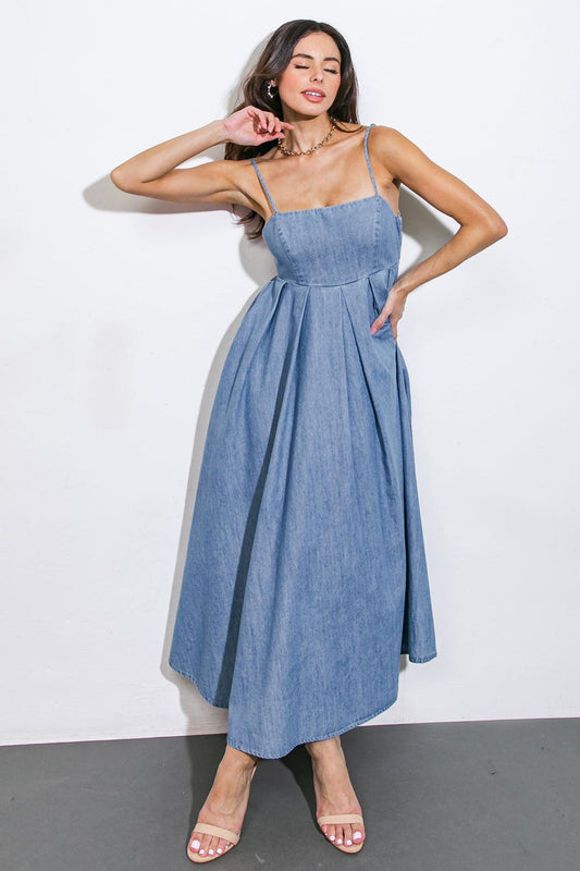Captivating Heart Denim Midi Dress in LIGHT INDIGO