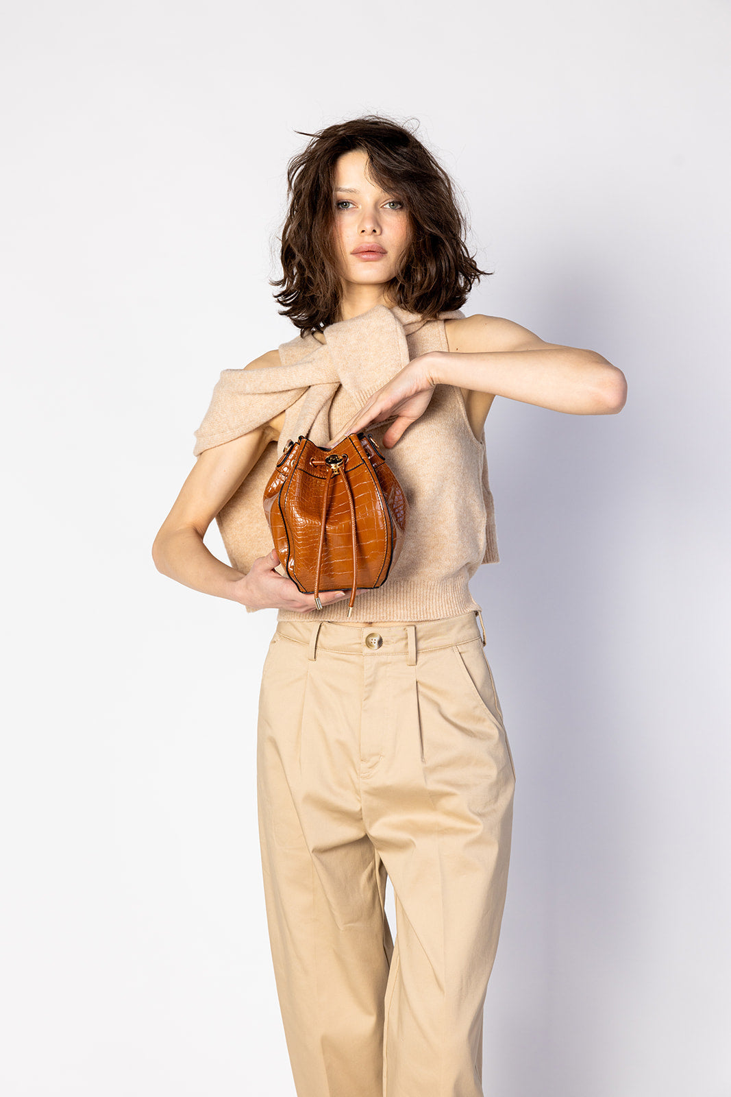 Cassidy Embossed Bucket Bag in Cognac Brown view 2