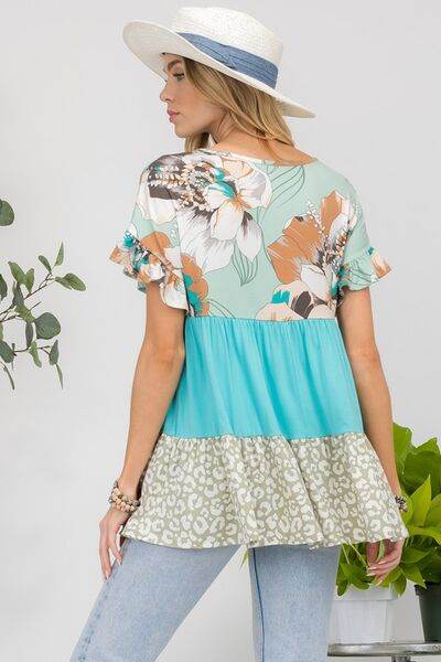 Celeste Printed Color Block Ruffled Short Sleeve Top - us.meeeshop