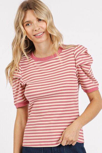 Mittoshop Striped Round Neck Puff Sleeve T-Shirt - us.meeeshop