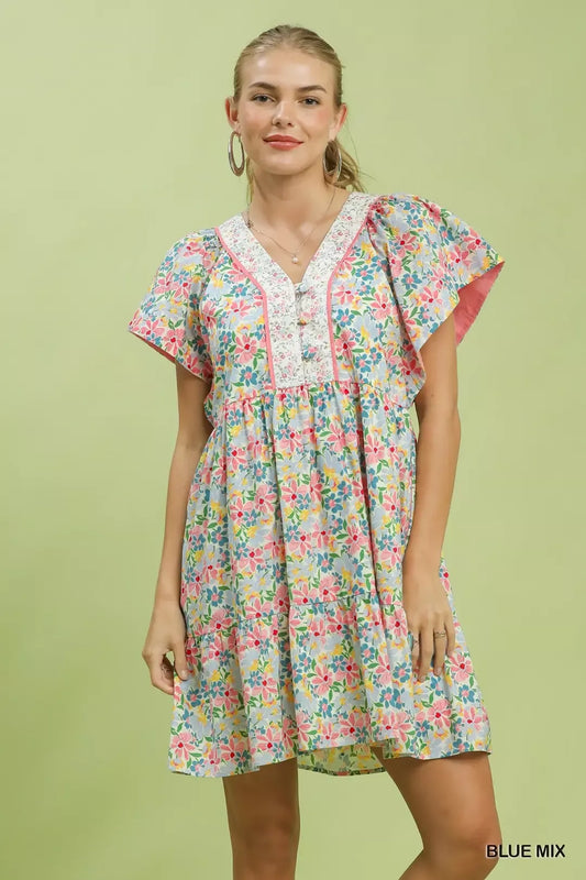 Umgee Mix Floral Tiered Mini Dress with Side Pockets (women's dresses) - shop at us.meeeshop