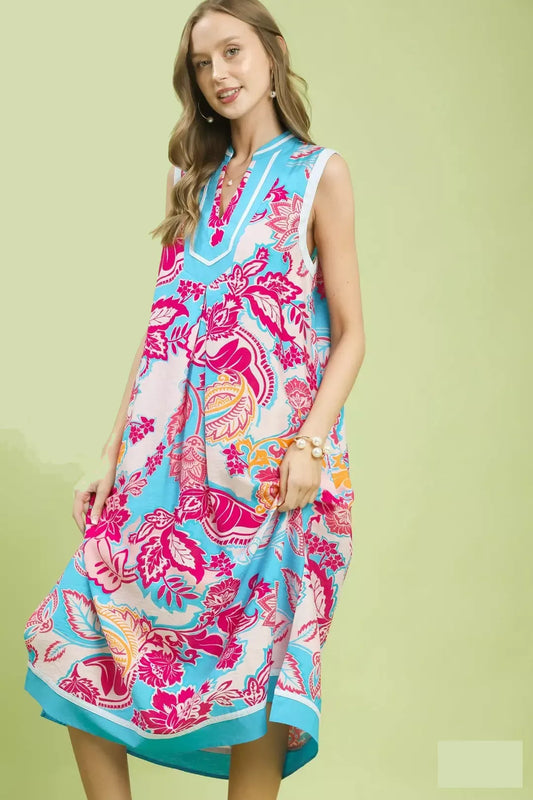 Umgee Floral Sleeveless Midi Dress with Side Pockets (women's dresses) view 2 - shop at us.meeeshop