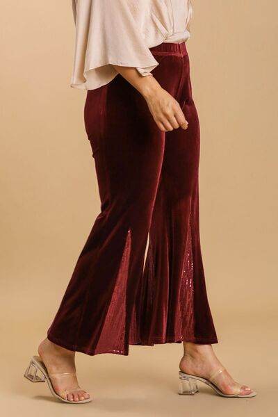 Umgee Sequin Elastic Waist Velvet Stretch Flare Leg Pants Plus Size - us.meeeshop