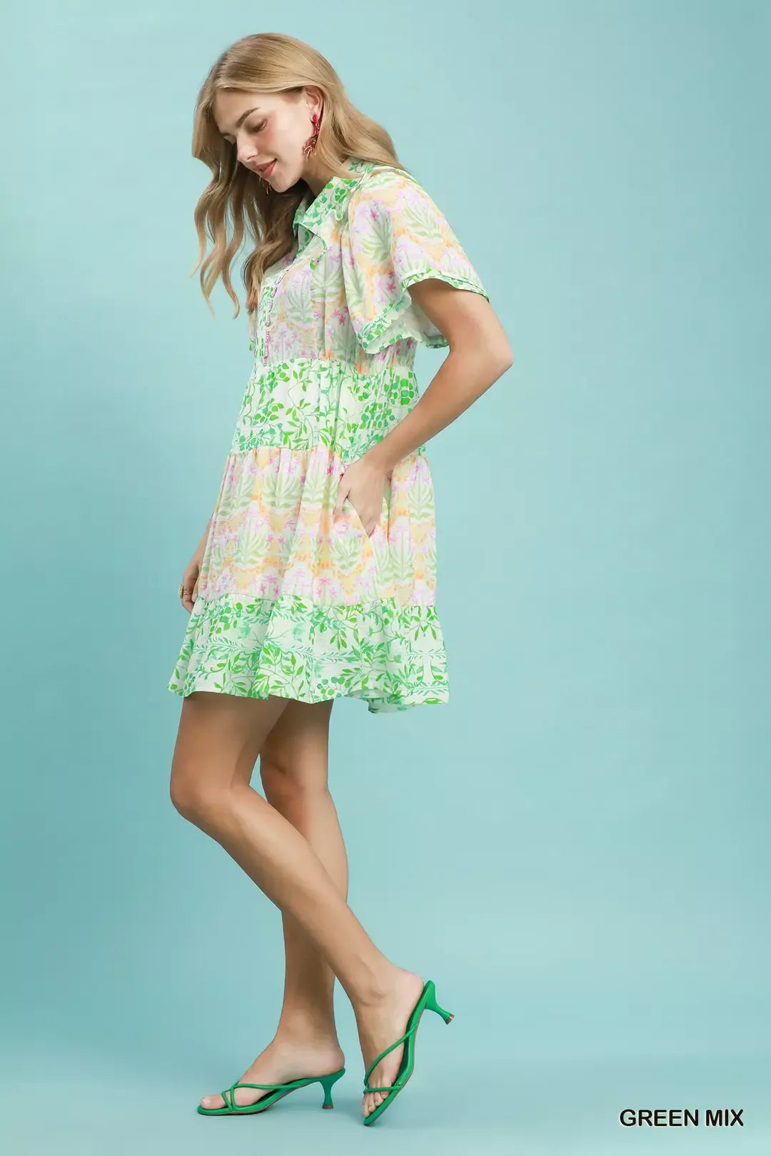 umgee mixed floral Umgee Mixed Floral Tiered Mini Dress with Flutter Sleeves view 3 (dress) - shop at us.meeeshop