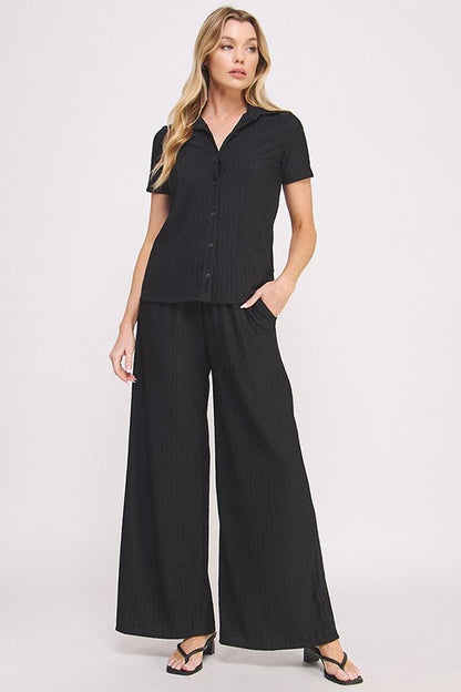 Textured Short Slv Button Down/wide Leg Pants Set (women's outfit sets) view 15 - shop at us.meeeshop