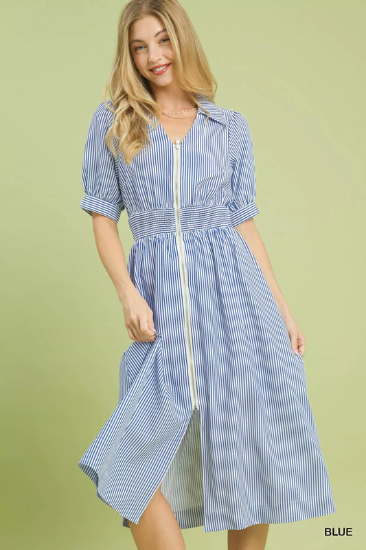 umgee striped midi Umgee Striped Midi Dress with Front Zipper BLUE (dress) - shop at us.meeeshop