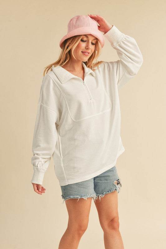 Aemi+Co Exposed Seam Half Zip Drop Shoulder Sweatshirt - us.meeeshop