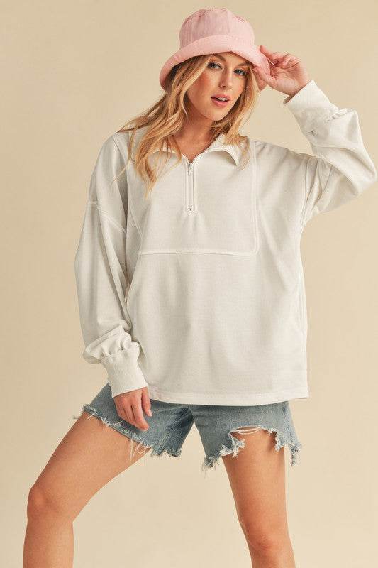 Aemi+Co Exposed Seam Half Zip Drop Shoulder Sweatshirt - us.meeeshop