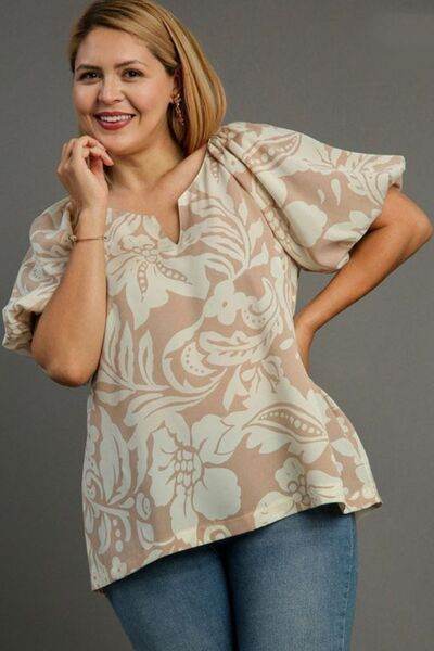 Umgee | Boxy Cut Split Neck Floral Print Top Plus Size - us.meeeshop