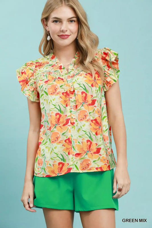 umgee smocked yoke Umgee Smocked Yoke Ruffle Sleeve Floral Blouse GREEN MIX (top) - shop at us.meeeshop