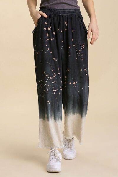 Umgee Raw Hem Linen Blend Bleach Dip Dye Wide Leg Pants Plus Size - us.meeeshop