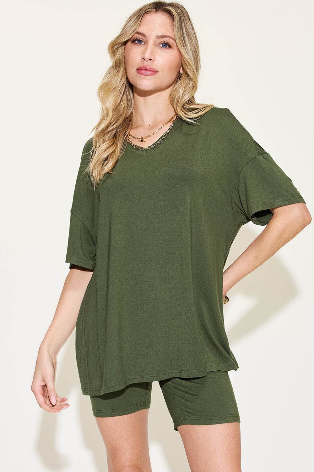 Basic Bae V-Neck Drop Shoulder Short Sleeve T-Shirt and Shorts Set - us.meeeshop