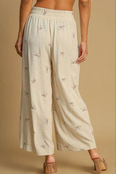 Umgee Lace Drawstring Embroidered Bow Wide Leg Pants Plus Size - us.meeeshop