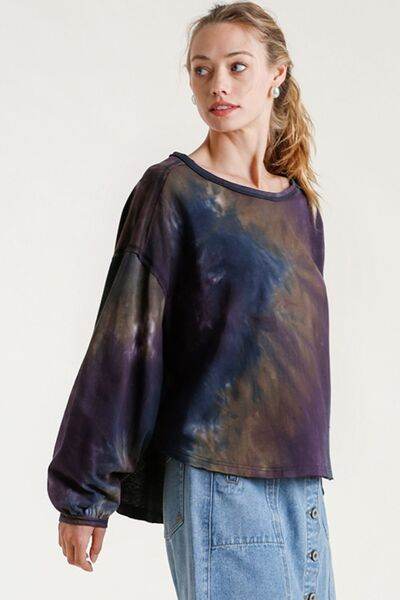 Umgee Tie Dye Round Neck Long Balloon Sleeve Top Plus Size - us.meeeshop