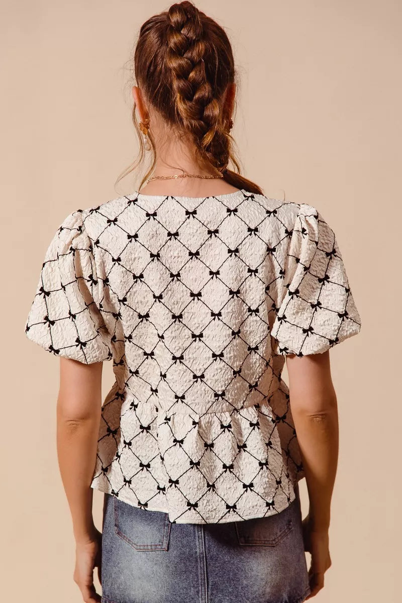 bow texture woven So Me Bow Texture Woven Peplum Top with Contrast Tie view 3 (top) - shop at us.meeeshop