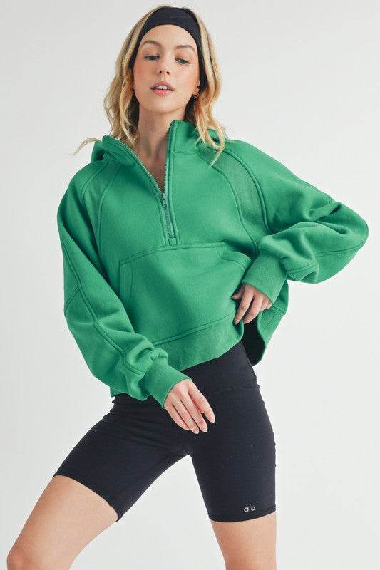 Aemi + Co Half Zip Raglan Sleeve Hoodie with Kangaroo Pocket in Lily Pad - us.meeeshop