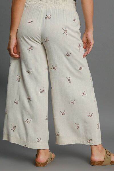 Umgee Lace Drawstring Embroidered Bow Wide Leg Pants Plus Size - us.meeeshop