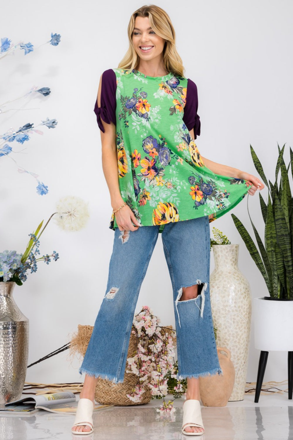 Celeste Full Size Open Tie Sleeve Round Neck Floral Blouse | us.meeeshop