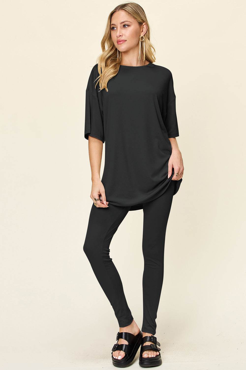 Double Take Full Size Round Neck Dropped Shoulder T-Shirt and Leggings Set - us.meeeshop