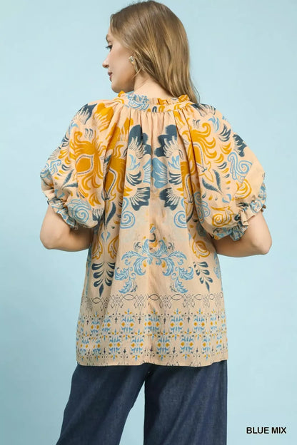 umgee border print Umgee Border Print Puff Sleeve V-neck Blouse view 3 (top) - shop at us.meeeshop