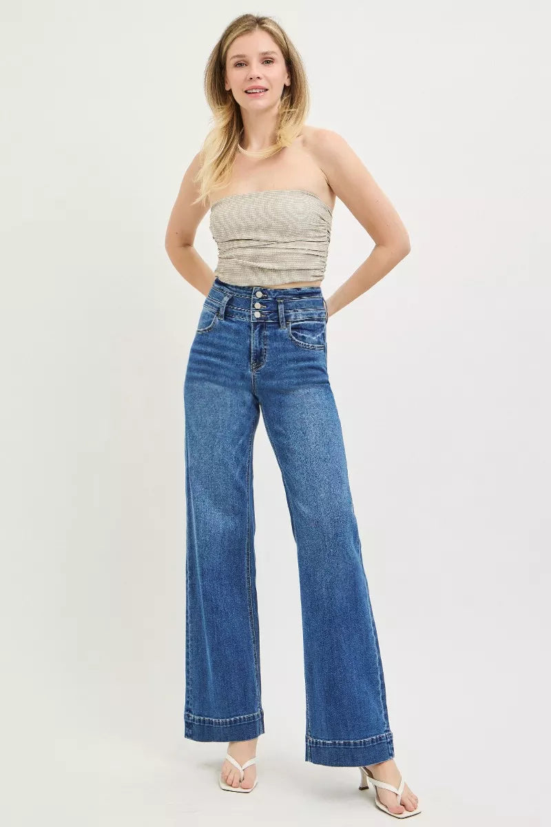 risen high rise Risen High Rise Wide Leg Wide Band Detail Jeans view 6 (bottom) - shop at us.meeeshop