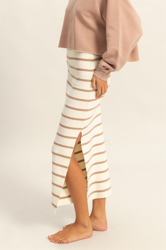 HYFVE Side Slit Striped Bodycon Sweater Skirt in Tan - us.meeeshop