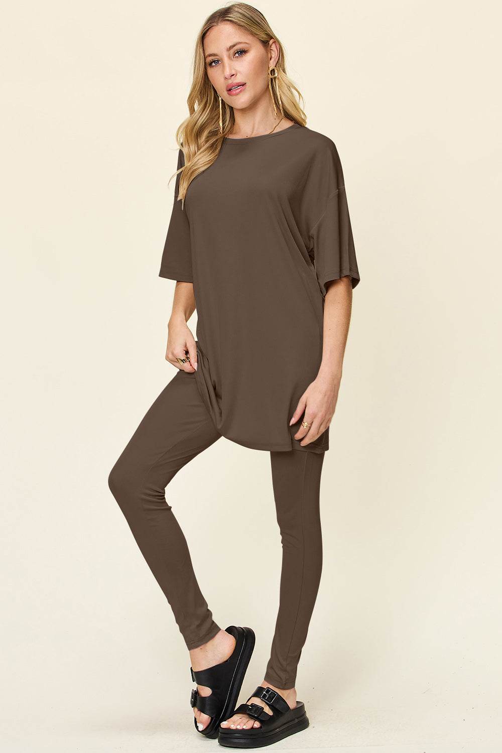 Double Take Full Size Round Neck Dropped Shoulder T-Shirt and Leggings Set - us.meeeshop