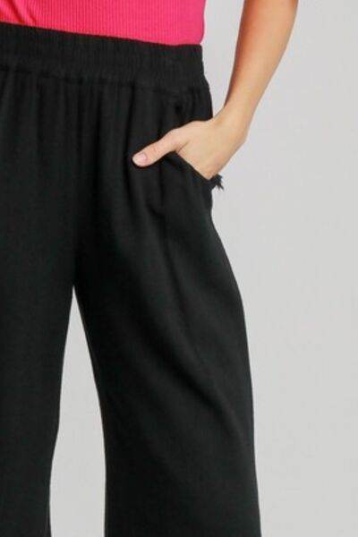 Umgee | Linen Blend Elastic Waistband Wide Leg Pants Plus Size - us.meeeshop