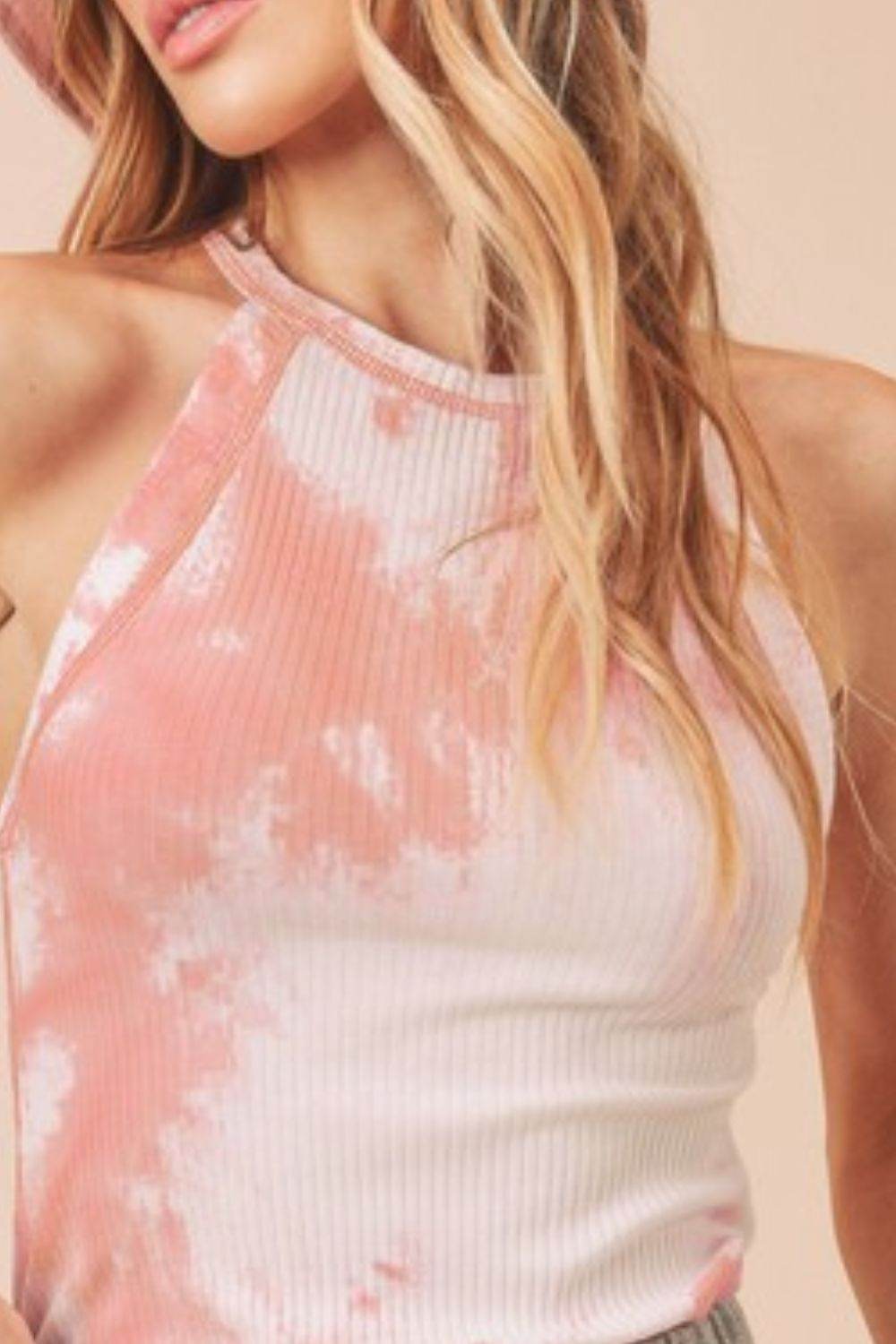 Aemi + Co Ribbed Tie-Dye Round Neck Tank in Coral - us.meeeshop